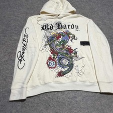 Ed Hardy Dragon Graphic Hoodie Mens Medium Cream White Tattoo Print sweatshirt