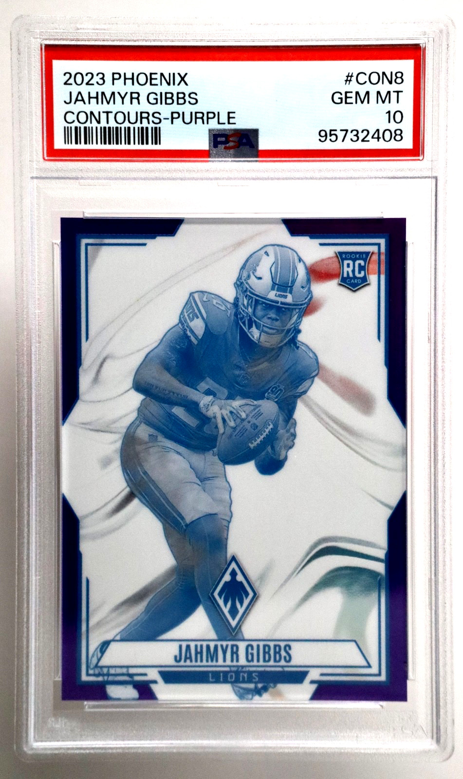 2023 Panini Phoenix Jahmyr Gibbs Contours Purple #CON8 /125 PSA 10 RC Lions