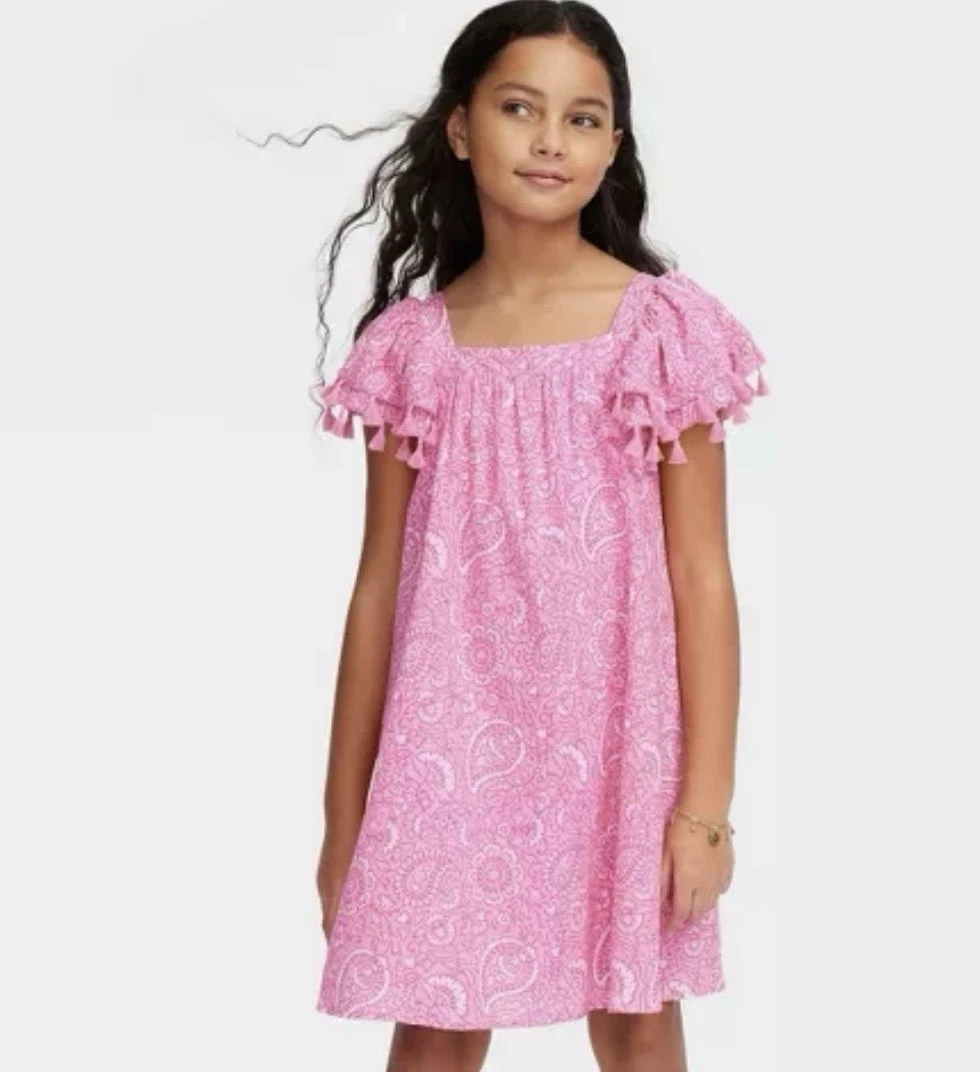 Girls’ Paisley Floral Tassel Sleeve Mini Dress Pink ROLLAR RABBIT X Target Large