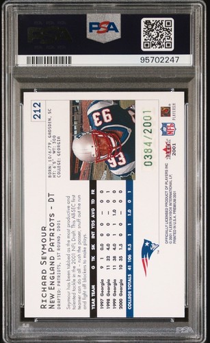 2001 RICHARD SEYMOUR FLEER PREMIUM RC /2001 PSA 9 #212 PATRIOTS HOF POP=2 NO 10s - Picture 2 of 3