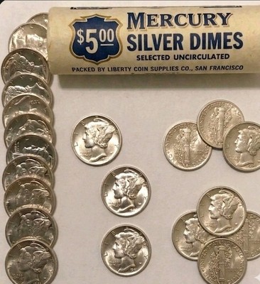 1 Roll (50 Dimes) Mercury Dime From OBW Estate Hoard CHOICE BU 90% Silver $5 Lot