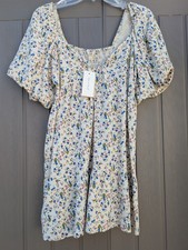 Sim & Sam Boho Cream Floral Puff Sleeve Linen Blend Mini Dress Medium New