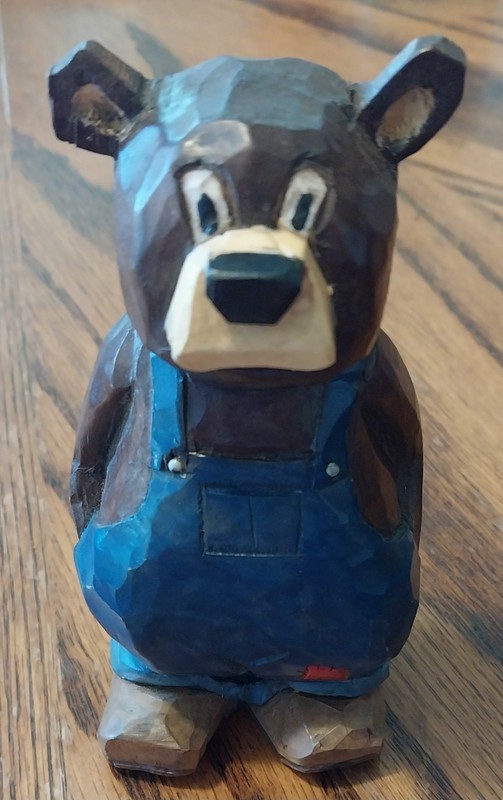 Mills Hand-Carved Wooden Bear Figurine in Blue Overalls Signed Animal Art