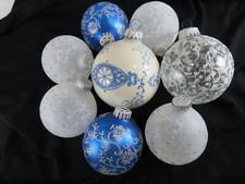 8 Blue White Glitter Round Balls Blown Glass Christmas Ornaments Lot D1277