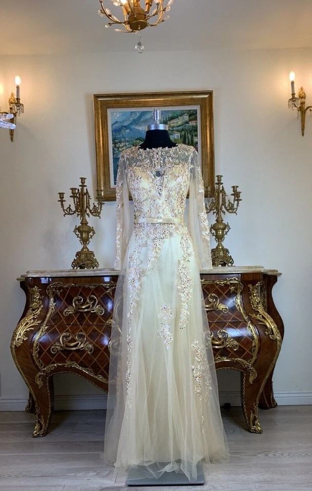 Официальный длинные рукава со стразами бисером вышивка шнурует вверх длинное вечернее выпускное платье - Изображение 2 из 4