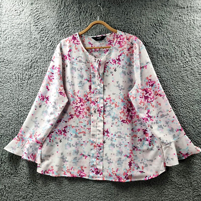 Givoni Womens Blouse Top Size 16 White Pink Grey Blue Long Sleeve Round Neck