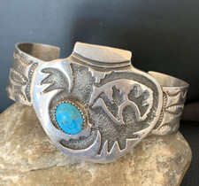 Mens Blue Kingman Turquoise Navajo Sterling Silver Cuff Bracelet 1650