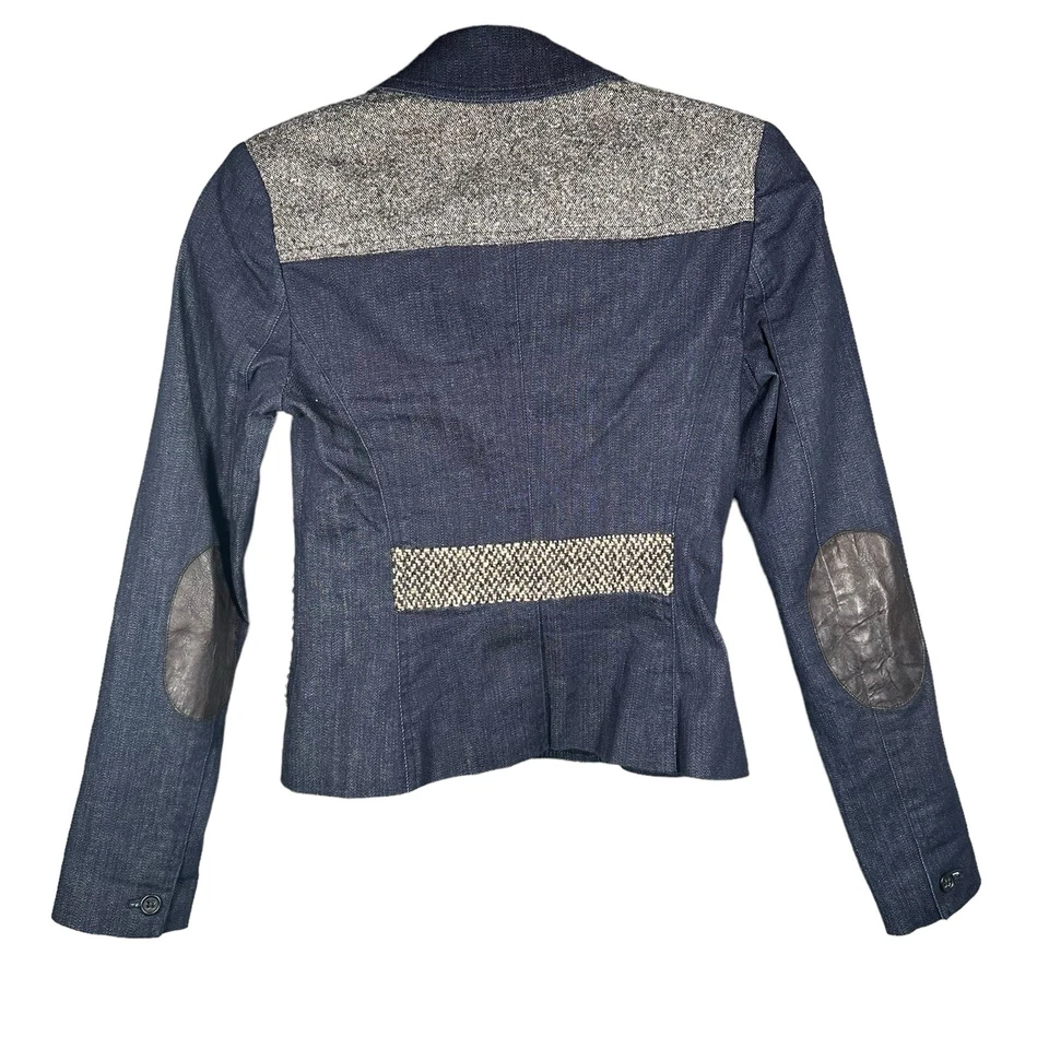 Elizabeth & James Denim Jeans Fitted Blazer Jacket Lamb Leather Elbow Patch Sz 2 - Image 3 of 4