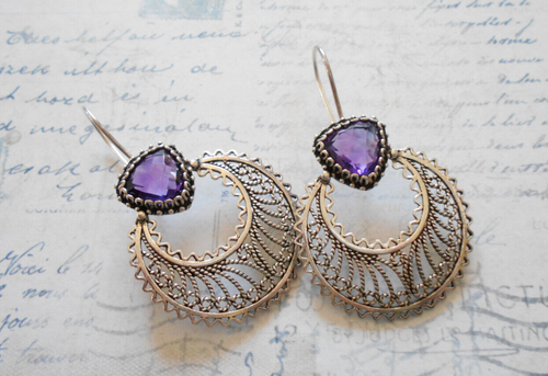 DGS Turkish Sterling Silver Filigree Amethyst Drop Earrings 29C1 - Picture 5 of 11