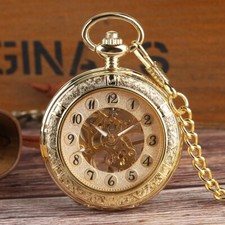 Men Vintage Mechanical Pocket Watch Windup Half Hunter Gold Arabic Numerals Gift