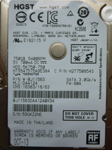 750 GB Hitachi HTS547575A9E384 / 0J11563 / DA4124 / OCT-13 / 0J11457  DA4725