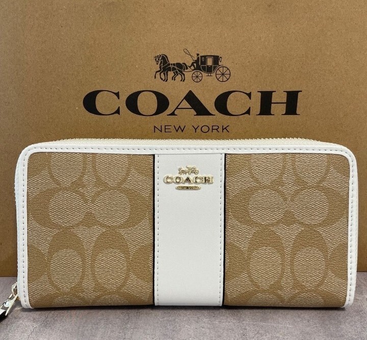小物 COACH Leather Wallet Ivory Beige Long Coach - Beige/Gold/White Long Zip Around Phone Wallet