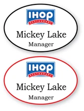2 WHITE OVAL IHOP RESTAURANTS PERSONALIZED NAME BADGES SAFETY PIN BACK