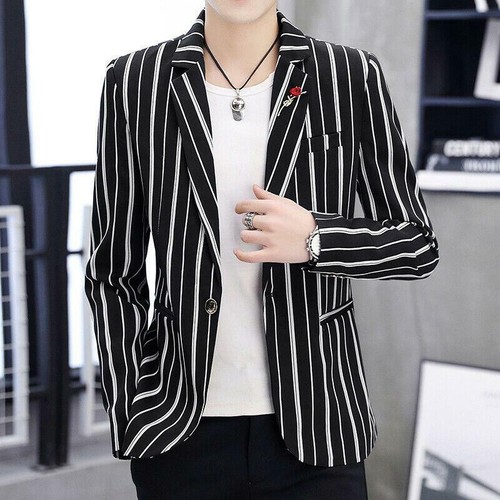 Fashion Mens Black White Striped Lapel Collar Top Blazer Jacket Casual Coat - Picture 6 of 27
