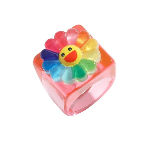 Cute Rainbow Sunflower Ring Retro Resin Square Accessory Colorful Floral Jewelry - Picture 15 of 17