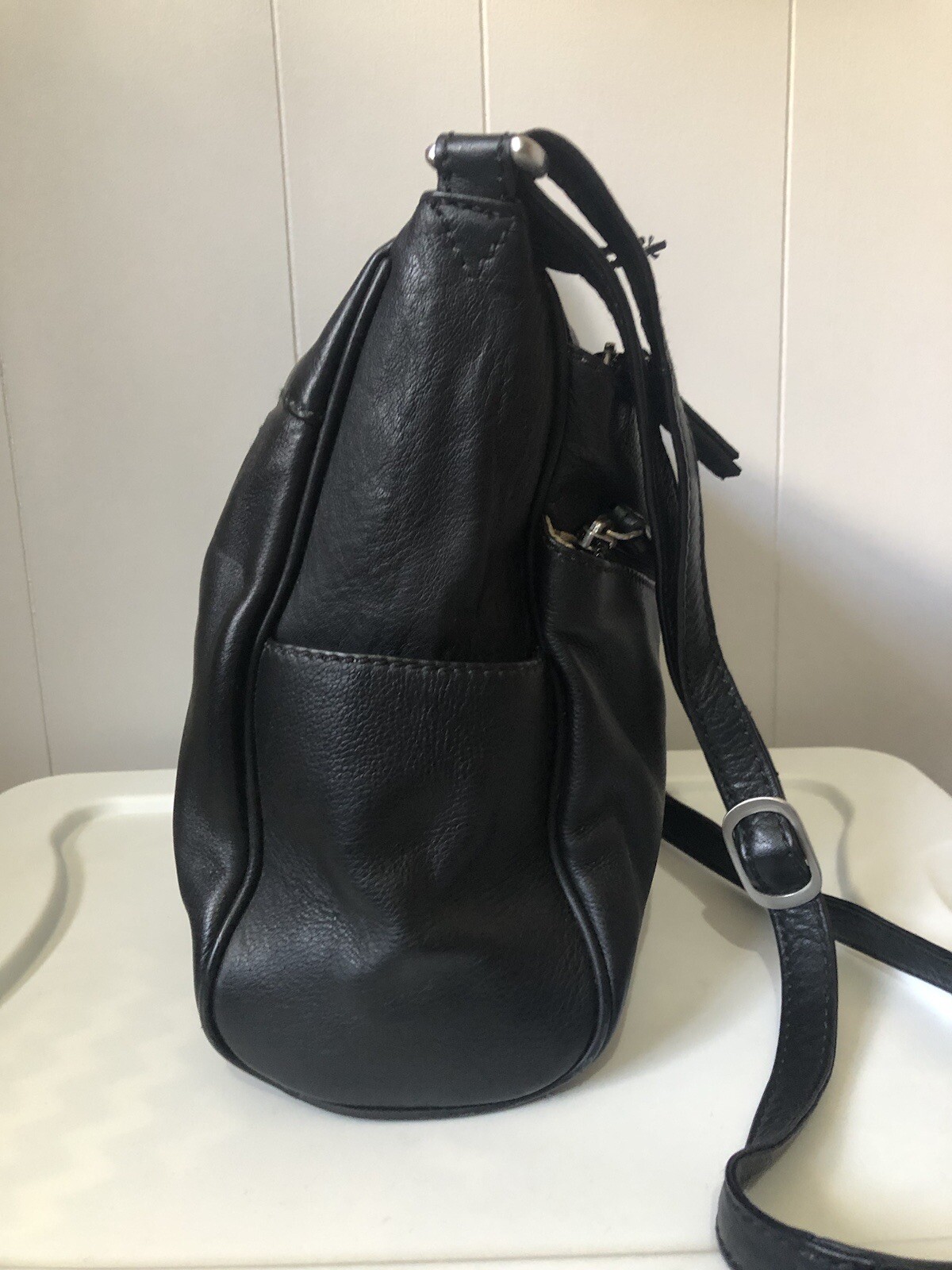 Strandbags Black Handbag Leather Cross Body Multi Zip Compartments