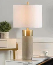 Style Craft 27.75 in. Soft Brass/Natural ConcreteTable Lamp,White Hardback Shade