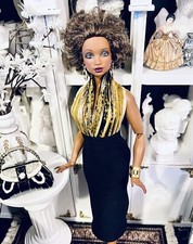 OOAK Curvy Fashion Doll Size Chic Black N Golden Cocktail Dress Ensemble Last1