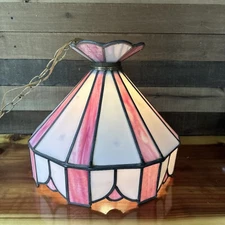 Vintage Slag Stained glass Brass hanging lamp Pink White 16” Shabby Chic Glamour