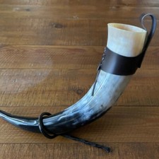 Handmade Viking Drinking Horn with Leather Holder   Natural Ox Horn Mead Cup Gob
