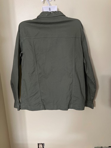 Quacker Factory Womens Embellished Olive Green Denim Jacket With Beaded Leaf Des - Picture 5 of 10