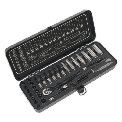 Socket Set 32pc 1/4''Sq Drive 6pt WallDrive Metric Black Series - Sealey AK7970