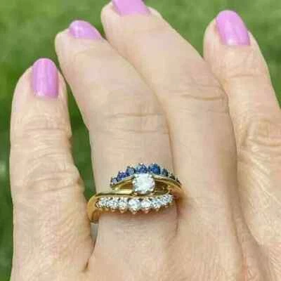 Bague de fiançailles FN en or jaune 14 carats saphir diamant taille ronde 2,0... - Photo 1/4