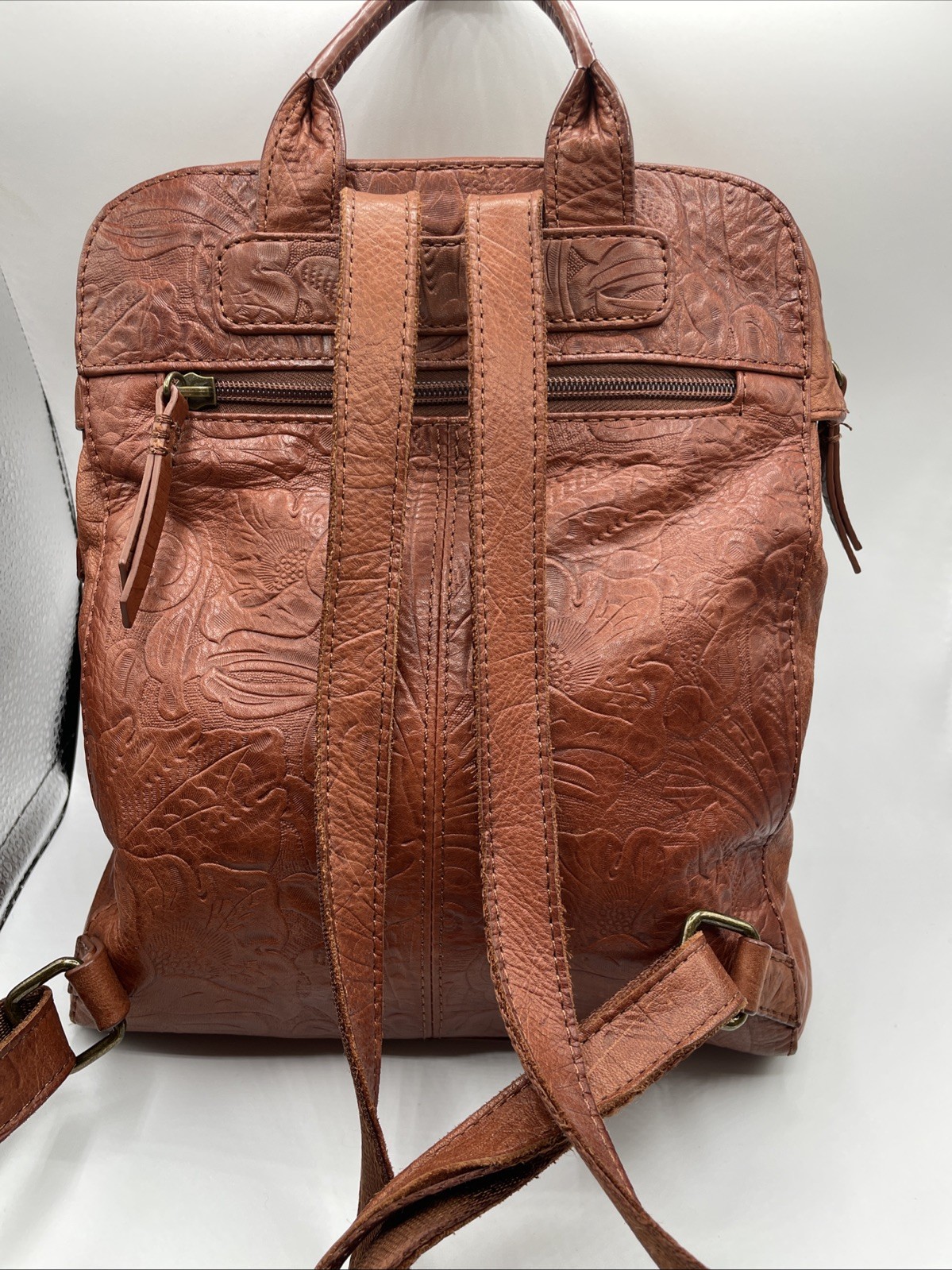 American Leather Co Brown Backpack Embossed Tooled Leather Backpack Purse