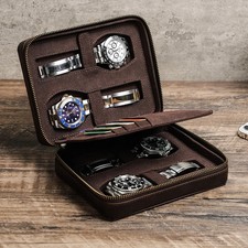 Watch Case for 4 Watches with Card Slots Leather Watch Travel Storage Box Coffee