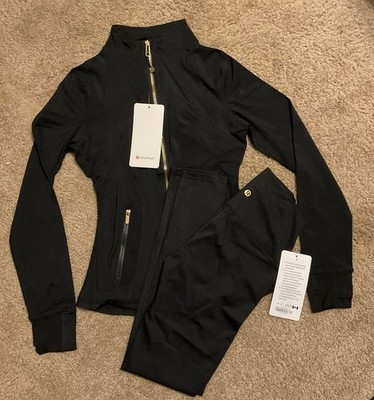 Lululemon Black Slim Fit Track Jacket & Leggings Set Size 2 Stretch Pockets