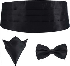 Black Satin Cummerbund and Bow Tie Set with Pocket Square for Formal Tuxedo