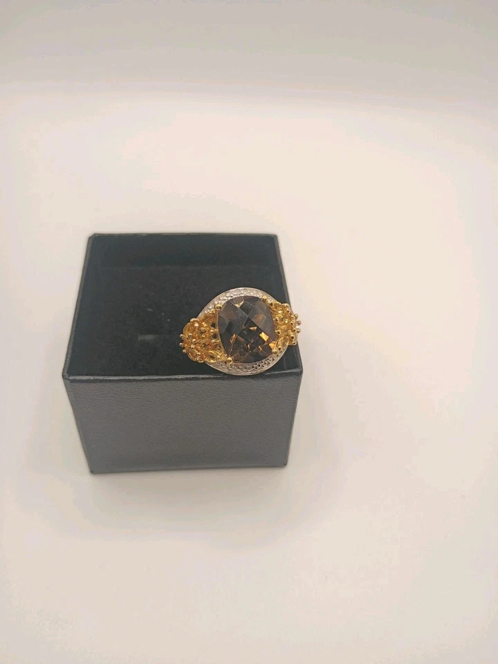 IMPRESIONANTE Anillo Vintage Citrino Y Topacio Oro 14K Sobre Latón Oro Talla 7 Estampado  Foto 2 de 4