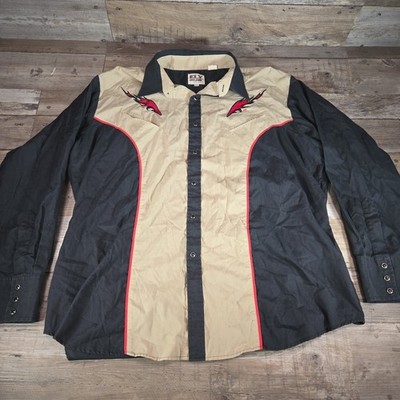 Vintage Ely Cattleman Pearl Snap Western Shirt Mens XL Black Tan Red Embroidered