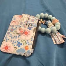 Floral Faux Leather Wristlet ID Holder Key Chain Wallet Light Blue Multicolor