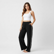 Elie Tahari Wide Leg Track Pants Black White Side Stripe Size Large Professional