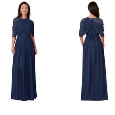 Azazie Olena Navy Blue Draped Capelet Sequin Shoulder Pleated Gown Maxi Dress M