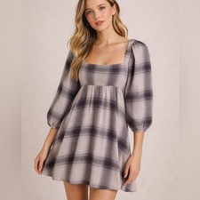 URBAN OUTFITTERS Plaid Babydoll Long Sleeve Mini Dress