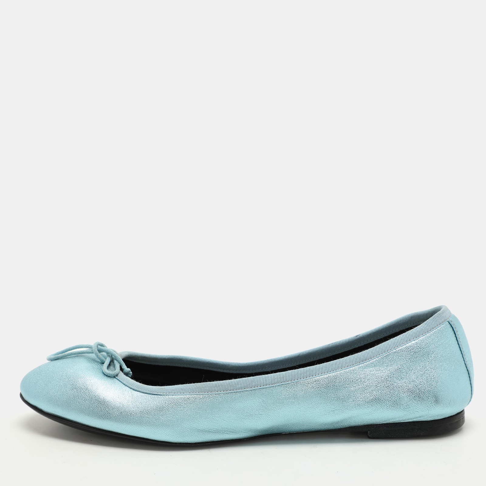 Ballerine Saint Laurent in pelle blu metallizzato con fiocco taglia 36