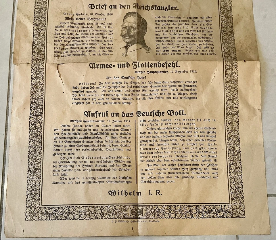 1916 / 1917 Propagandaplakat WW1 Kaiser Wilhelm II. Friedensangebot Original WK1 - Bild 3 von 4