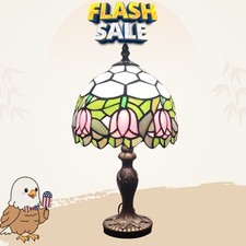 Tiffany Table Lamp Small Stained Glass Desk Lamp Pink Tulip 3-Way LED Bedside