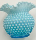 Fenton Blue Opalescent Glass Hobnail Squat Vase 5.5”