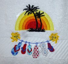Image of Tropical Design Embroidered White Hand Towel