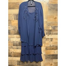 Maggie Barnes Navy Blue 2 Piece Dress Set Jacket Floral Beaded Plus Size 30W