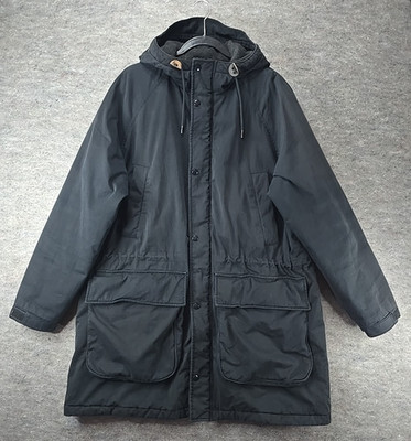 J. Crew Black Jacket Parka Men sz L Primaloft Hood Zip Snaps Pockets Lined
