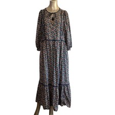 Old Navy Floral Midi Dress Large Black Multi Color 3/4 Sleeve Boho Tiered L