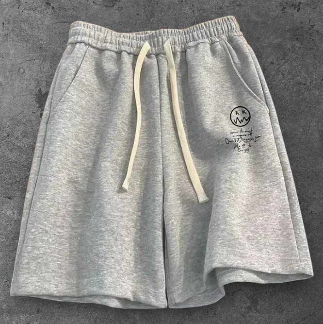 Mens Distressed Smiley Face Oversized Shorts Gray Y2K Grunge Streetwear M-2XL