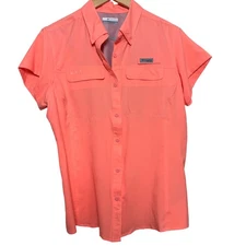Columbia PFG Fishing Shirt Vented Button Up Short Sleeve Neon Coral Large L