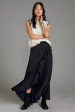Anthropologie Maeve Ruffled Wrap Maxi Skirt Size XL in Black Blue Side Tie Flowy