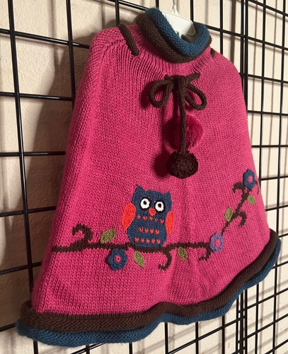 NEW-NWT Pery Kid Mauve Pink/Teal OWL Sweater Cape 5/6Y Super Plush/Thick-PomPoms - Picture 2 of 11