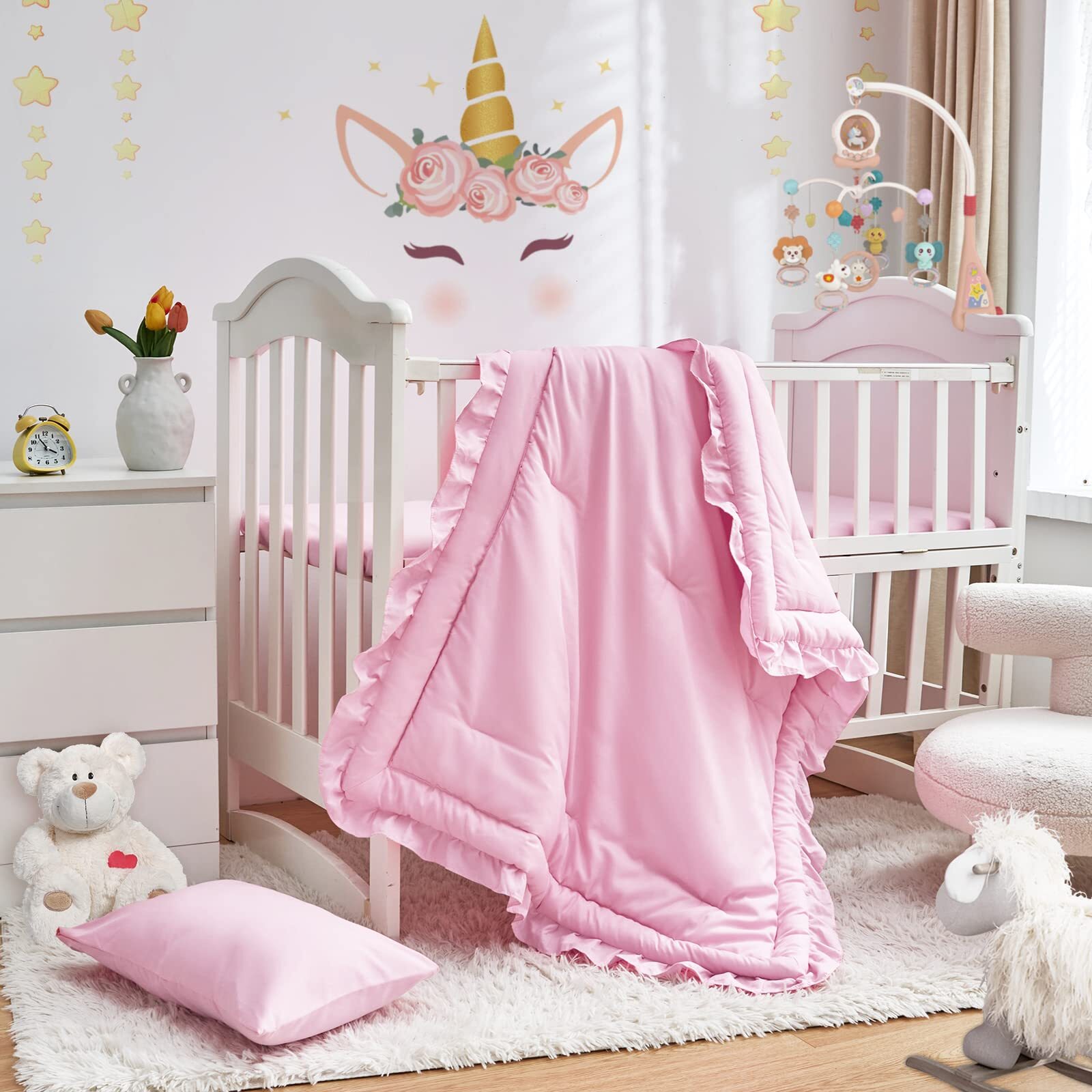3 Pieces Crib Bedding Set Baby Ruffle Quilted Comforter with Fitted Sheet and...